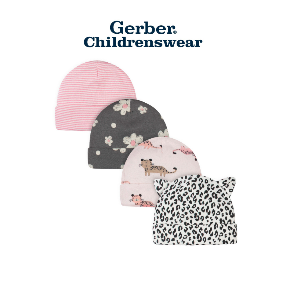 ce34041b8ae361fb89a33f49768cf059-1.png Gerber Baby Girl Leopard Caps 4pcs - Image 1